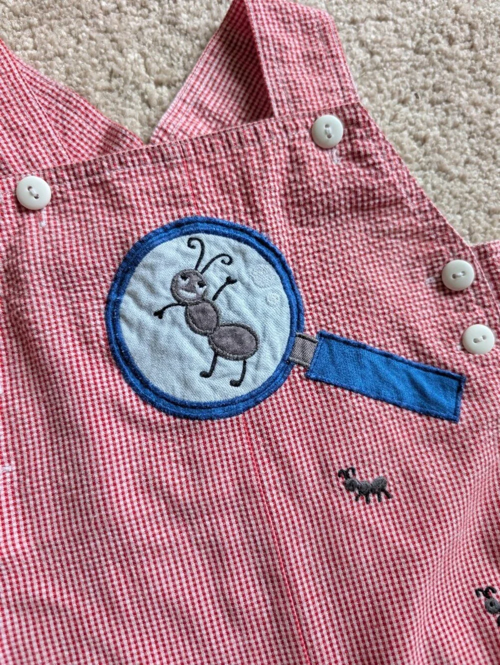 12 Month Boys Red White Plaid Shortalls Jon Jons Ant Magnifying Glass Applique